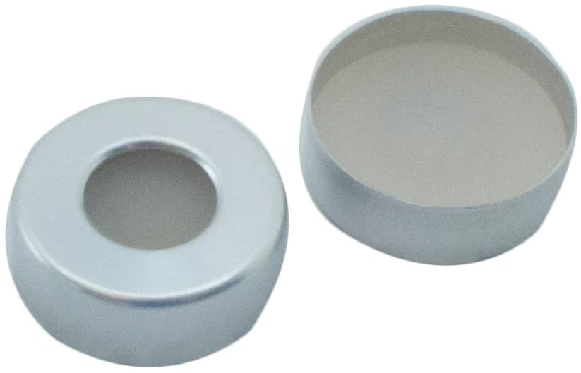 20 mm ZeroPeak Crimp Seal: Aluminum Cap, plain, 10 mm hole, Silicone natur / PTFE beige, 38 ° shore