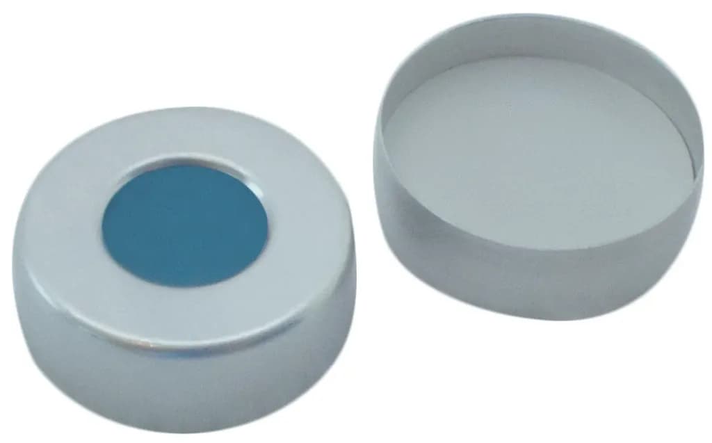 UltraClean Closure: 20 mm Aluminium Cap, plain, centre hole, Silicone transparent blue / PTFE white, 45° shore A, 3.0 mm