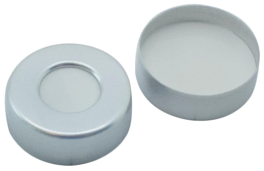 Aluminium crimp cap, plain, 10 mm hole, Silicon white /PTFE white, 3,20 mm approved IM* quality