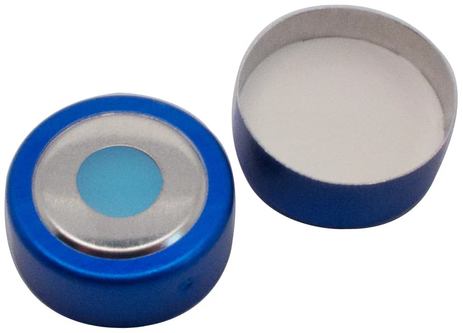 20 mm magnetic bimetal cap, blue/silver, 8 mm hole, silicone blue transparent/PTFE white, 3,0 mm, 45° shore