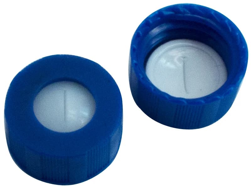 PP short thread cap blue, 6 mm centre hole silicone beige/PTFE white, with slit, 45°shore A