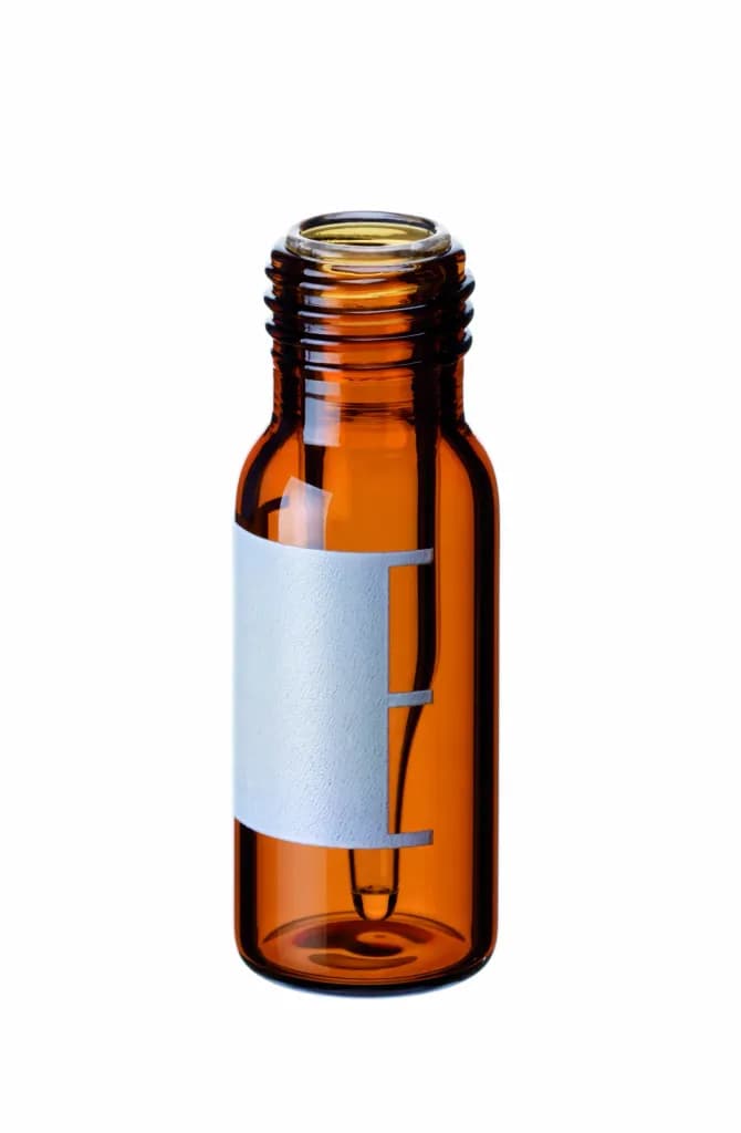 Short Thread Vial with integrated 0.2 ml Micro-Insert, 32 x 11.6 mm, amber glass, 1st hydrolytic class, label and filling lines