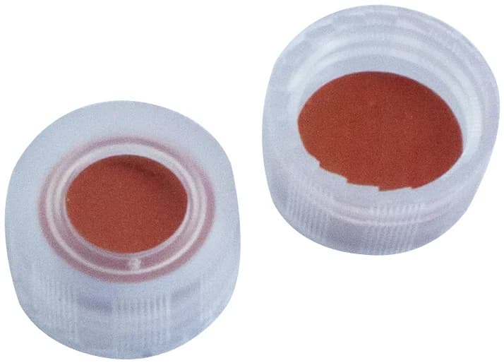 PP short thread cap, transp.,6mm centre hole,nat. rubber red-organge/TEF transp.