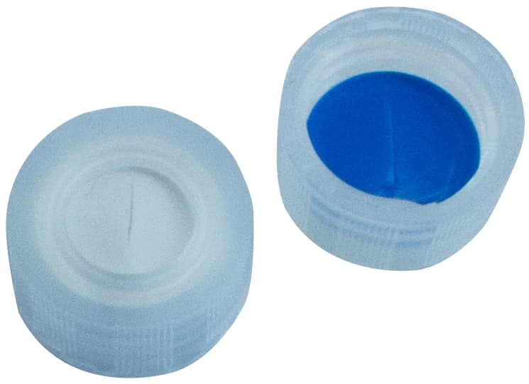 9 mm Combination Seal: PP Short Thread Cap, transparent, centre hole, Silicone white/PTFE blue, 55° shore A, 1.0 mm, slit