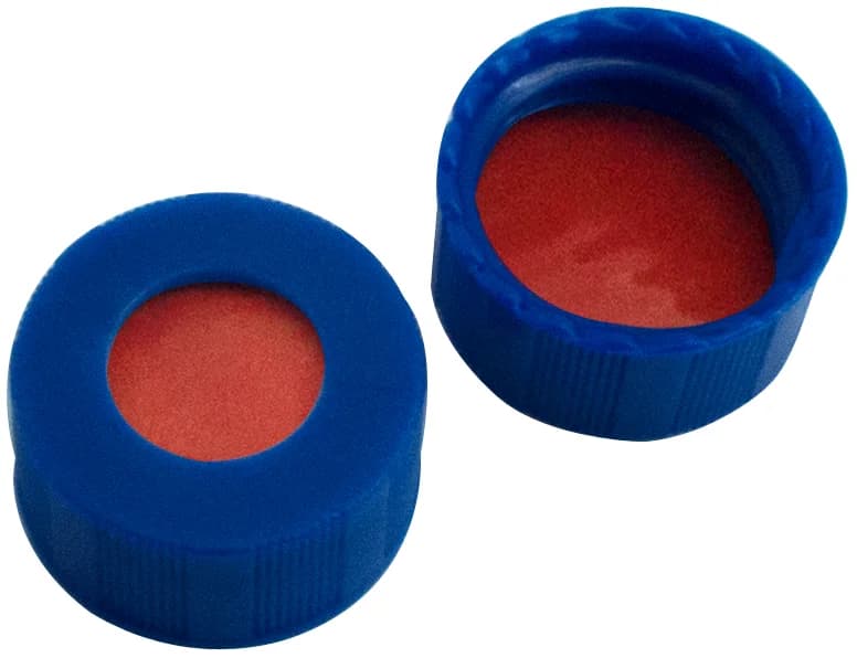 9 mm PP Short Thread Cap blue, 6 mm centre hole, Natural Rubber red-orange/TEF transparent