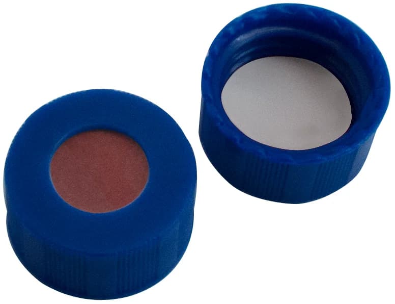 PP Short Thread Cap, blue, 6 mm centre hole Red Rubber/PTFE beige, 45° shore A, 1.0 mm