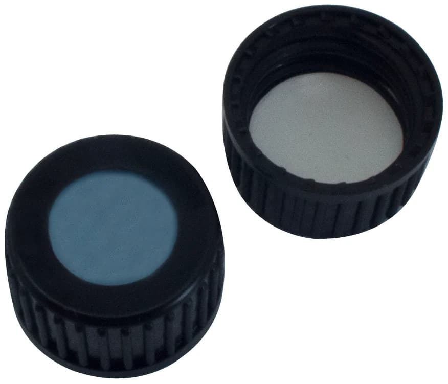 18 mm cap,black with hole, Silicon blue transparent/PTFE white, 35° shore A, 1.7 mm