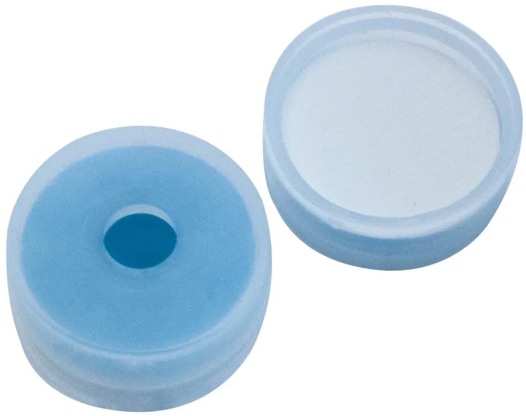 20 mm Combination Seal, PE Cap, transparent, 6 mm centre hole, cap height 9.1 mm; Silicone transparent blue/PTFE white,45° shore A, 1.3 mm, cross-slit