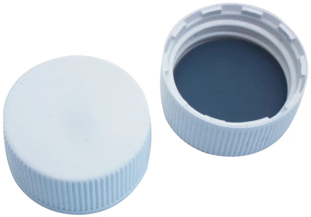 Polypropylene Screw Cap white, closed top, Butyl red / PTFE grey, 55°shore A, 2.5mm