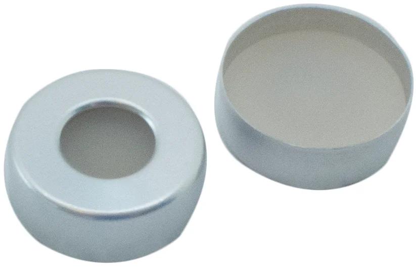 20 mm ZeroPeak Crimp Seal: Aluminum Cap, plain, 10 mm hole, Silicone natur / PTFE beige, 38 ° shore