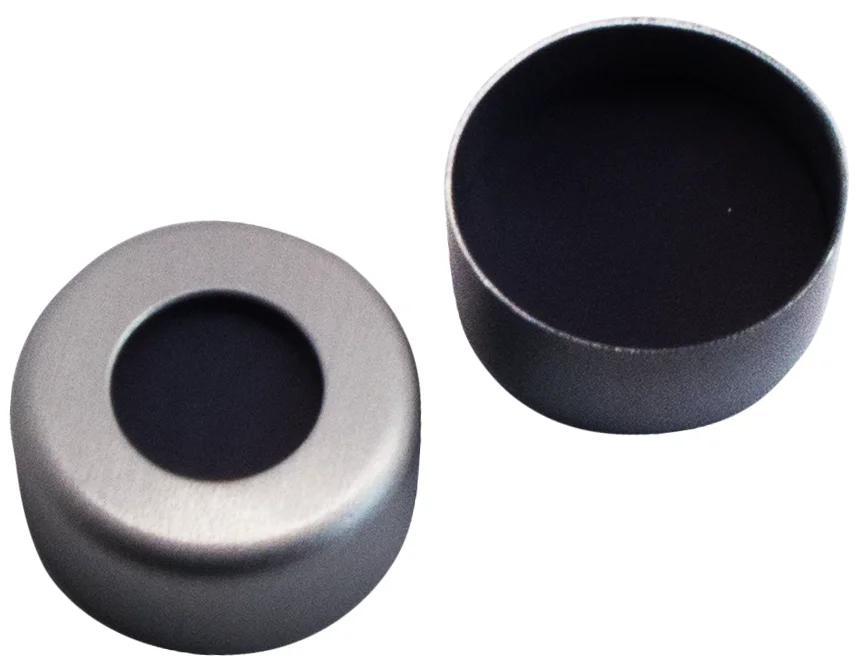 8mm Aluminium Bördelkappe,farblos lackiert, mit Loch, Viton 1A schwarz, 70° shore A, 1.5mm