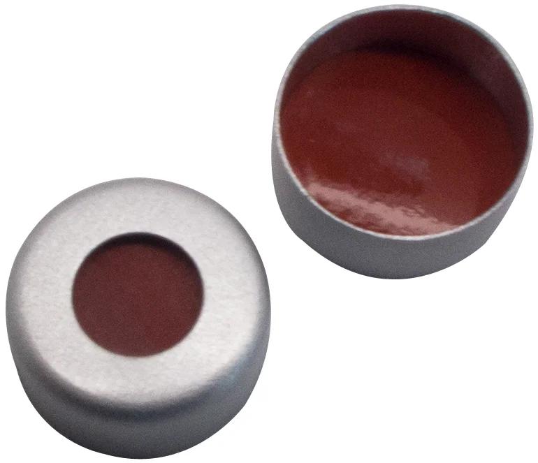 8 mm Verschluß: Aluminium Bördelkappe, farblos lackiert,  mit Loch: Red Rubber/PTFE farblos, 1.0 mm