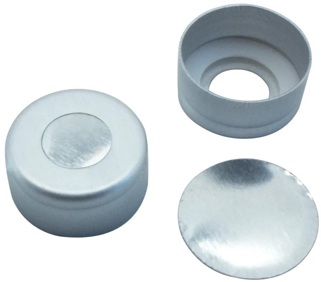 11 mm TPF Verschluss, Alu-Bördelkappe, silber mit Loch und Rollierung, Aluminium Septum 0.1 mm (TPF O-Ring)