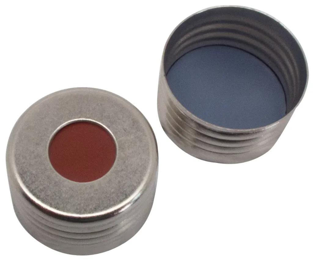 18 mm magnetische Feingewinde-Schraubkappe, silber mit 8 mm Loch, Buthyl rot / PTFE grau, 1,6 mm, 55° shore A