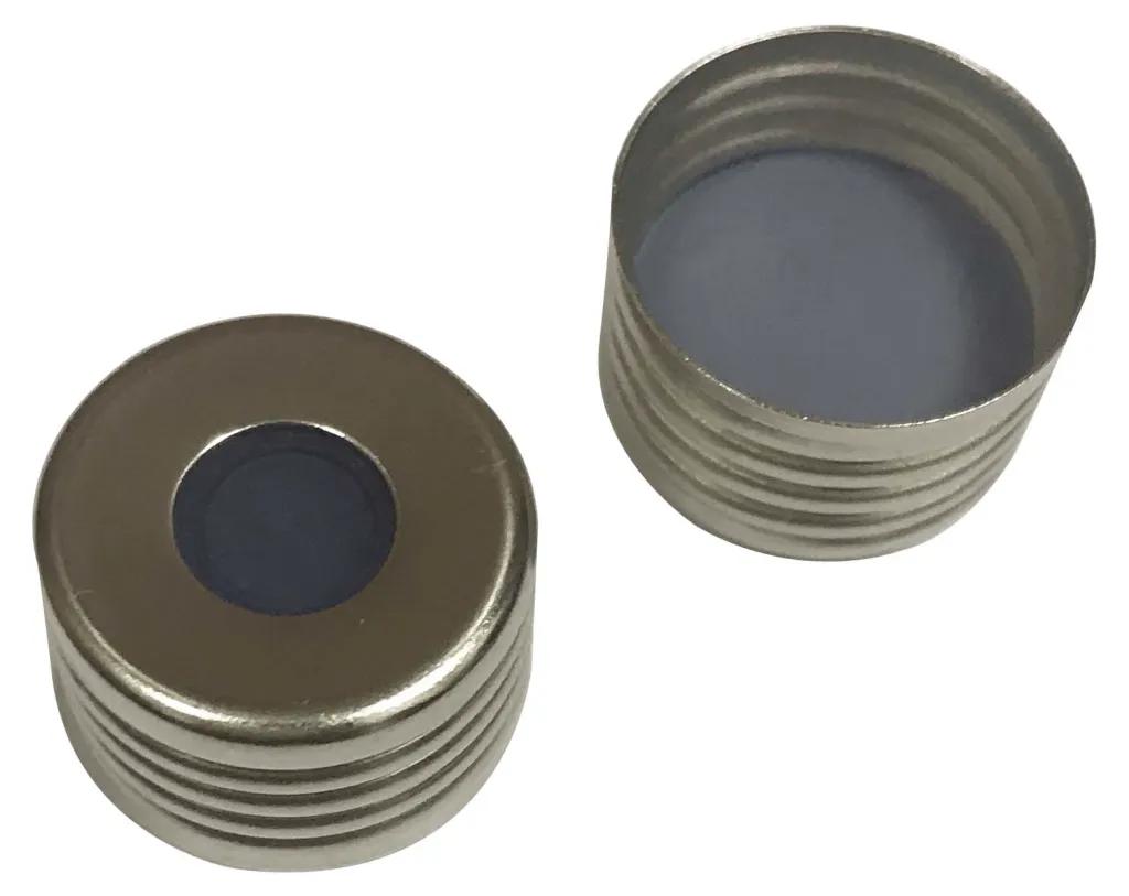 18 mm magnetische Schraubkappe silber, mit Loch, Formscheibe Silikon blau/PTFE farblos, 3 mm