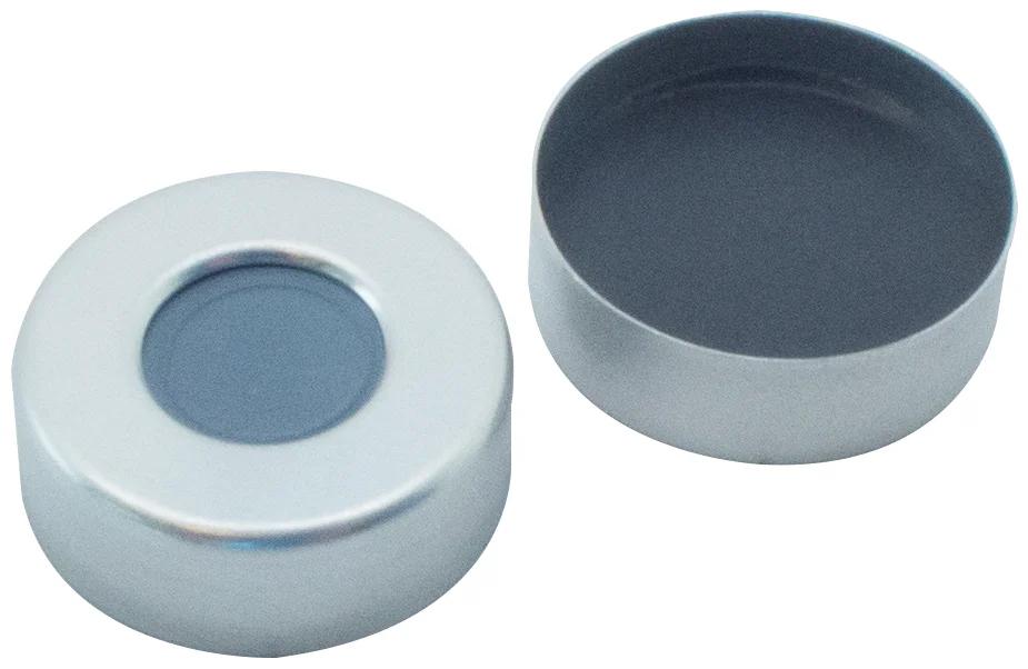 ND20 Aluminium Bördelkappe, walzblank, 10 mm Loch, 50° shore A. 3,0 mm, Formscheibe Butyl/ PTFE grau