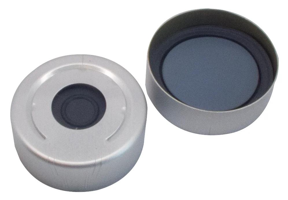 20 mm Alumuminium Headspace Bördelkappe, farblos lackiert, mit Loch, Pharmafix Scheibe