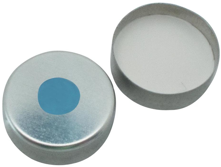 UltraClean Verschluss, 20 mm magnetische Bördelkappe silber lackiert mit 8 mm Loch, Silikon blau transparent / PTFE weiß