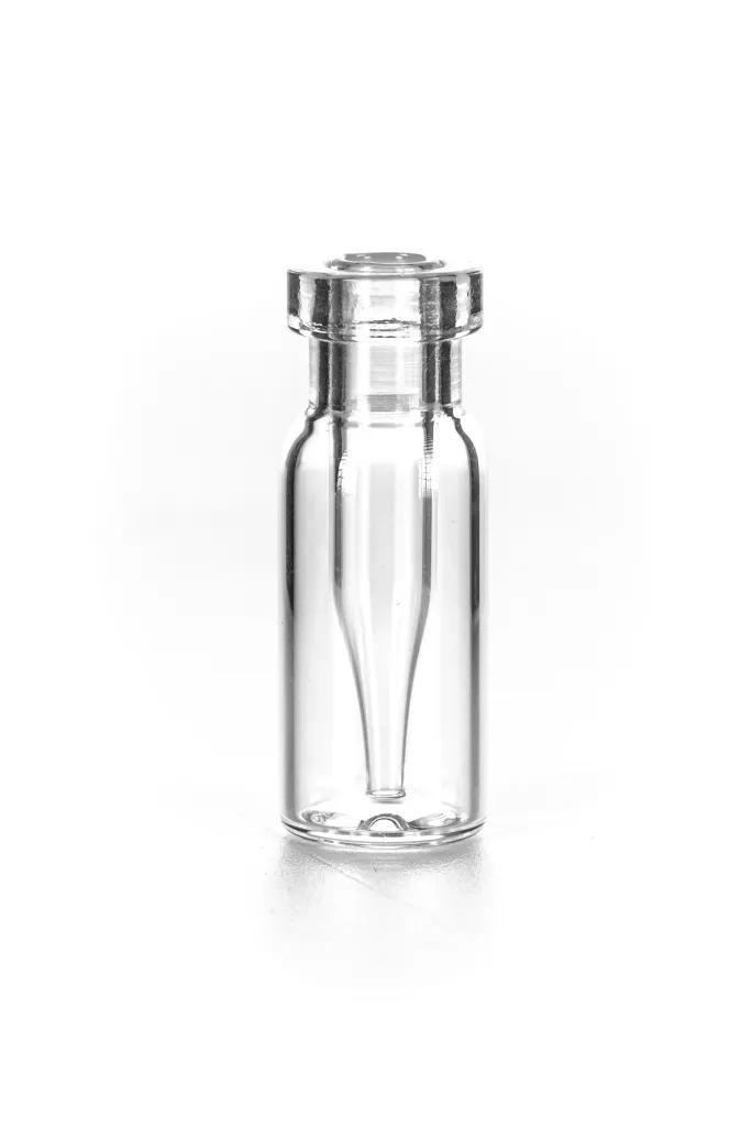 Rolled rim bottle with integrated micro insert 32 x 12 mm, clear glass, ''Base bonded'', with narrow micro insert