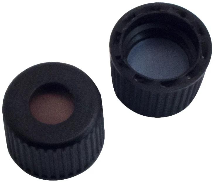Polypropylene screw cap black,5,5mm, centre hole,Butly red/PTFE grey, 55°shore A, 1,3mm
