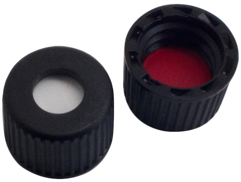 ND8  PP Schraubkappe UltraClean, schwarz mit Loch Gewinde 8-425, Silikon weiß/PTFE rot, 1,3 mm, 45°