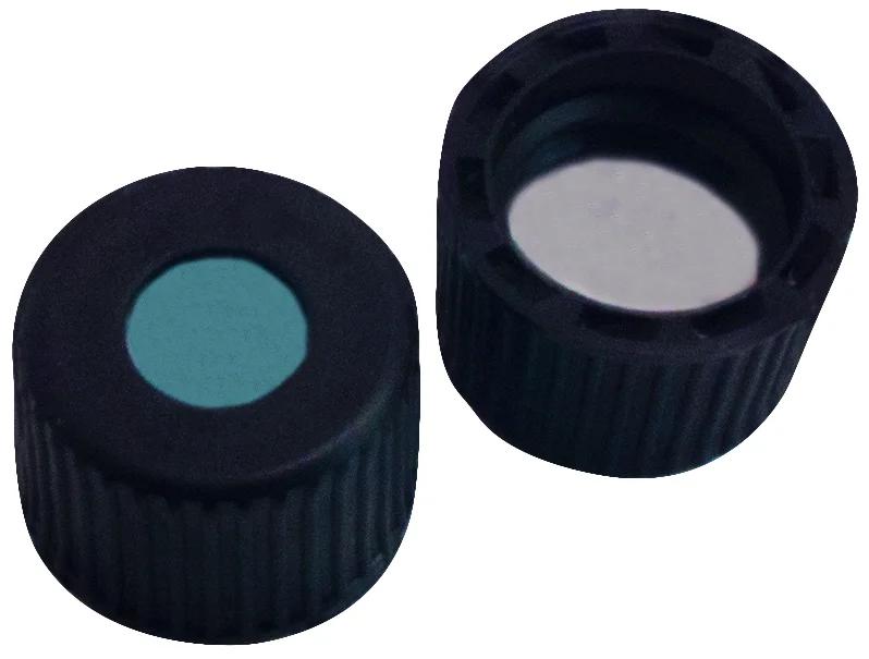 8 mm PP-Schraubkappe schwarz, 5,5 mm Loch Silikon blau transparent / PTFE weiß, 35° shore A,1,3 mm
