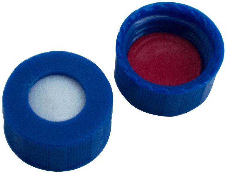 PP-Schraubkappe, ND9,  blau, mit Loch Silikon weiß / PTFE rot, 1,0 mm, 55° shore A, UltraClean