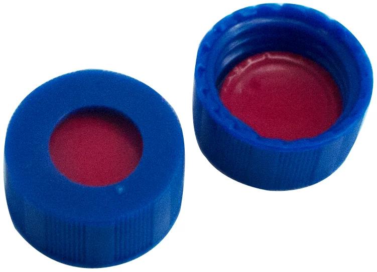 9 mm PP-Schraubkappe blau, 6 mm Loch, PTFE rot/Silikon weiß/PTFE rot,45°shore A,1.0mm