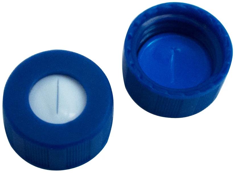 PP Short Thread Cap blue, 6 mm centre hole Silicone white / PTFE blue, with slit, 55°shore A, 1.0 mm