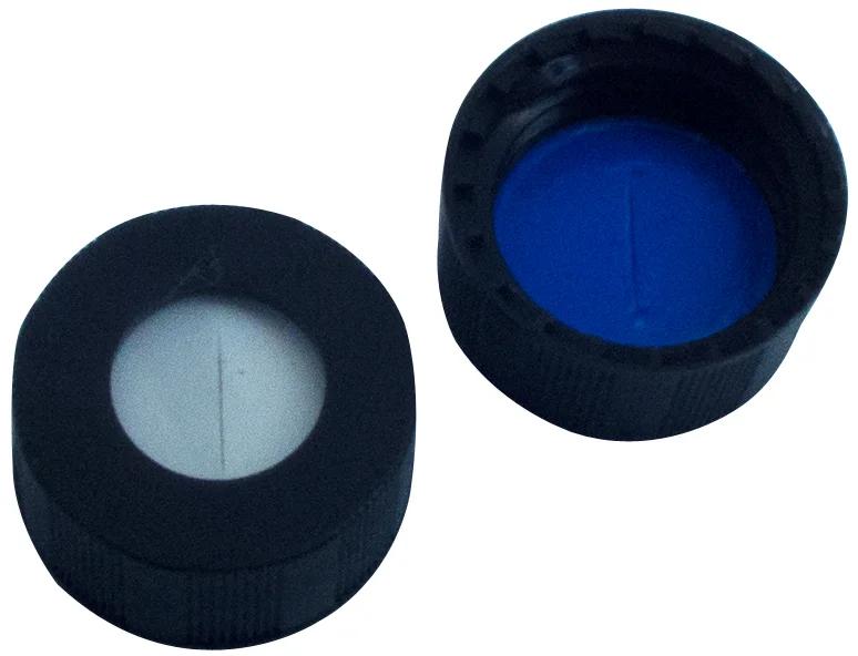 PP Kurzgewindekappe ND9, schwarz, Loch, Silikon weiß/PTFE blau, 1,0mm, geschlitzt