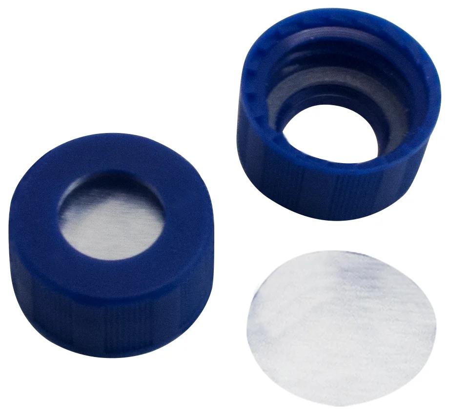 PP Kurzgewindeschraubkappe blau, 6 mm Loch, Aluminium 0,06 mm (abgedichtet durch Flachdichtung, tran