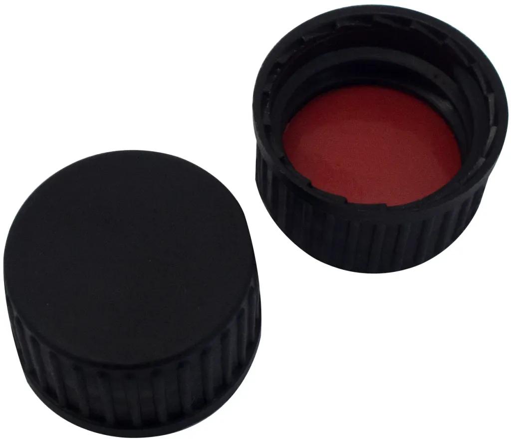 ND18 Verschluss, PP Schraubkappe schwarz, geschlossen, Butyl rot/PTFE grau, 55° shore A, 1,6 mm