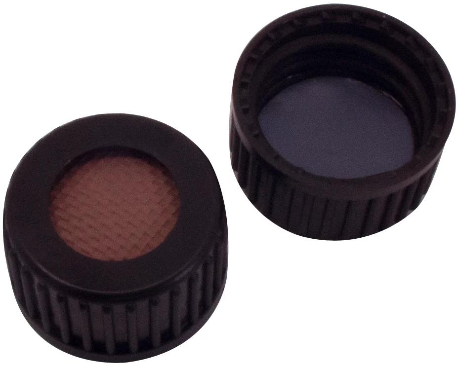 ND18 HS-Verschluss, PP Schraubkappe, schwarz, 12 mm Loch, Butyl rot/ PTFE grau, 55° shore A, 1,6 mm