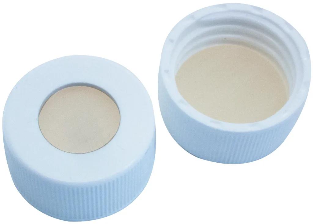 24 mm PP-Schraubkappe weiß mit Loch Silikon weiß / PTFE beige, 3,2 mm, 45° shore A