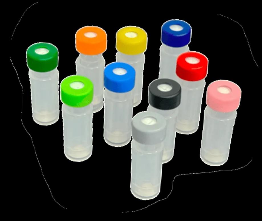 Filter Vial, membrane RC (regenerated cellulose), 0,45µm, including 11mm PE snap ring cap, black,with hole; silicon white/PTFE red, 45° shore A, 1,0 mm, cross-slit