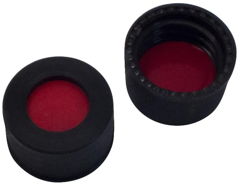 10mm Verschluss: PP Schraubkappe, schwarz, mit Loch, Gewinde 10-425; PTFE rot/Silicon weiß/PTFE rot, 45° shore A, 1,0mm
