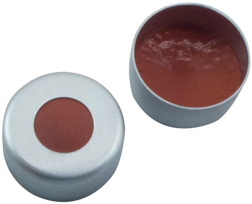 11 mm Combination Seal: Aluminium Cap, clear lacquered, centre hole 5.6 mm; Natural Rubber red-orange/Butyl red/TEF transparent, 45° shore A, 1.0 mm