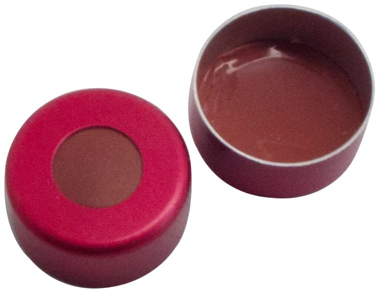Alu crimp cap red lacquered Nat. Rubber/Butyl red/TEF transp. 45° shore A, 1.0mm