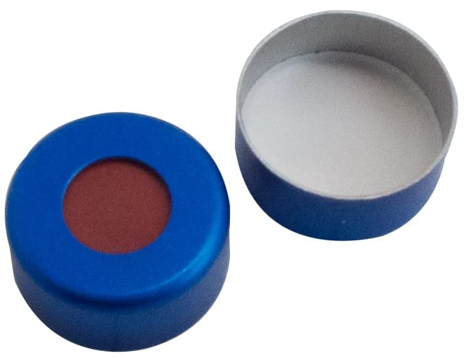 11 mm Aluminium crimp cap blue lacquered,5.5 mm centre hole RedRubber/PTFE beige,45°shore A,1.0mm