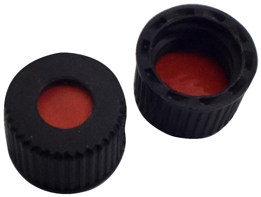 Polypropylene screw cap black,5.5mm centre hole,nat. Rubberred-orange/TEF transparent