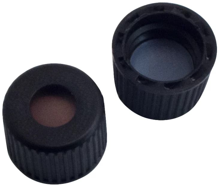 8 mm PP screw cap black, 5.5 mm centre hole, Butyl creme/PTFE grey, 55° shore A, 1.3 mm