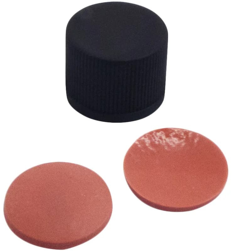 PP screw cap black, closed top,natural Rubber red-orange/TEF transparent, 60°shore A, 1.3mm