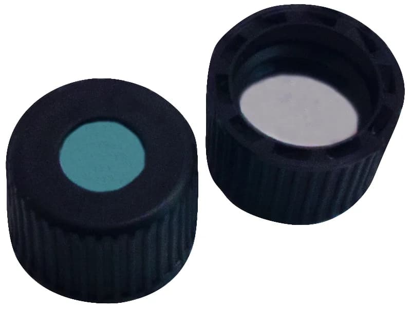 8mm PP-Screw cap black, 5.5mm centre hole. Silicone blue trans./PTFE white,45°shoreA,1.3mm