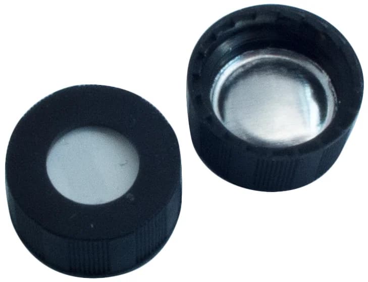 ND 9 cap black PP, with 6 mm hole, Silikon weiß/Alumina foil silver, 50 °shore, 1 mm