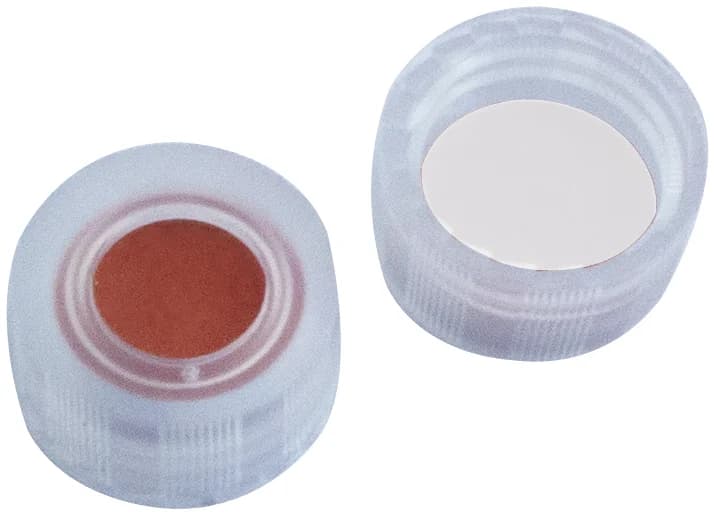 PP Short Thread Cap transparent, 6 mm centre hole RedRubber/PTFE beige, 45° shore A, 1.0 mm