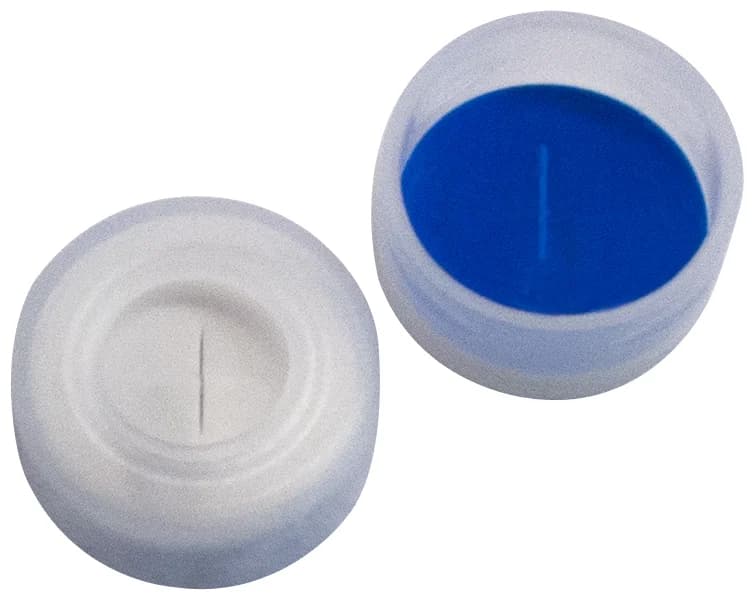 PE- snap ring cap 11mm. transparent with hole Silicon white/PTFE blue, cross slitted