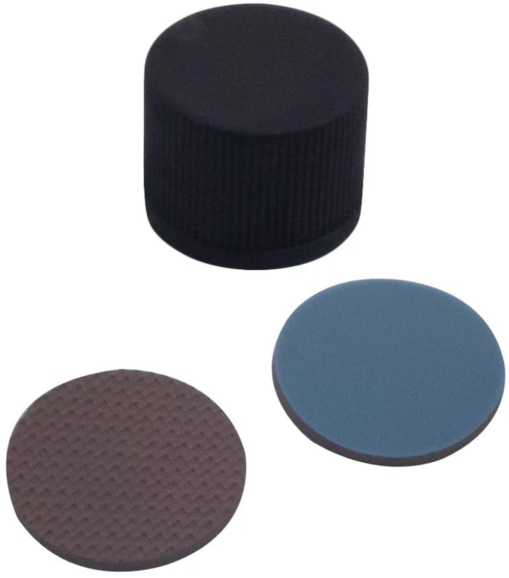 13 mm PP screw cap, black, closed, Buthyl red/PTFE grey, 55° shore A, 1,3 mm