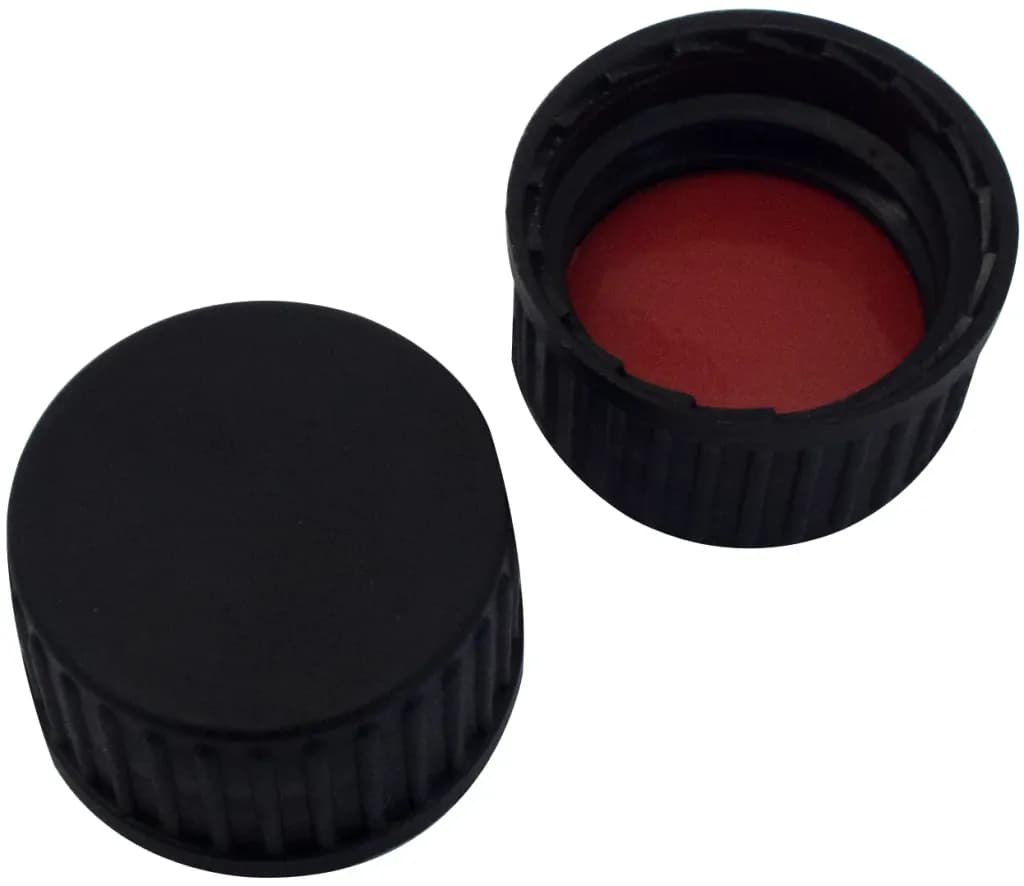 ND18 Verschluss, PP Schraubkappe schwarz, geschlossen, Butyl rot/PTFE grau, 55° shore A, 1,6 mm
